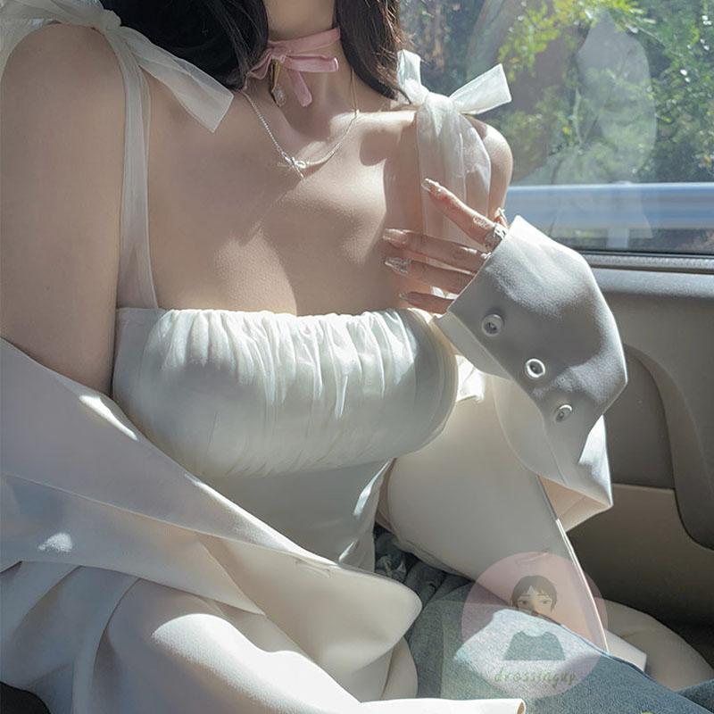 Áo Tulle Mỏng Không Tay Thiết Kế Cột Dây Thời Trang Mùa Hè Cho Nữ