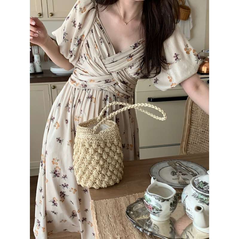 「Nonfatgirl」Đầm Hoa Dài Một Mảnh Tay Phồng Cổ Chữ v Xếp Ly Phong Cách Pháp Cổ Điển Dành Cho Nữ