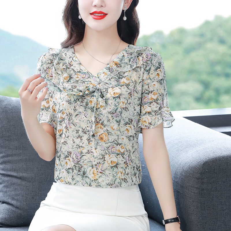 Áo Sơ Mi Chiffon Tay Ngắn Cổ Chữ V Thắt Nơ In Họa Tiết Hoa Thời Trang Mùa Hè Hàng Mới Dành Cho Nữ Size 4XL