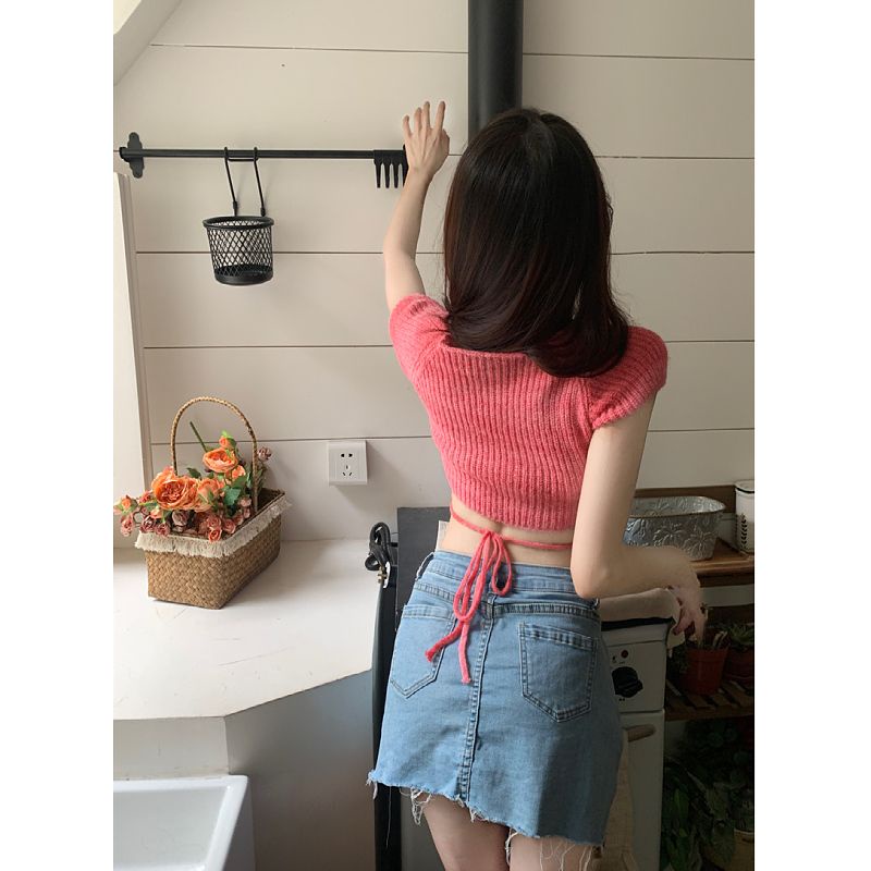 COZOK Áo Thun Dệt Kim Ngắn Tay Cổ Vuông Màu Sắc Tương Phản Thời Trang