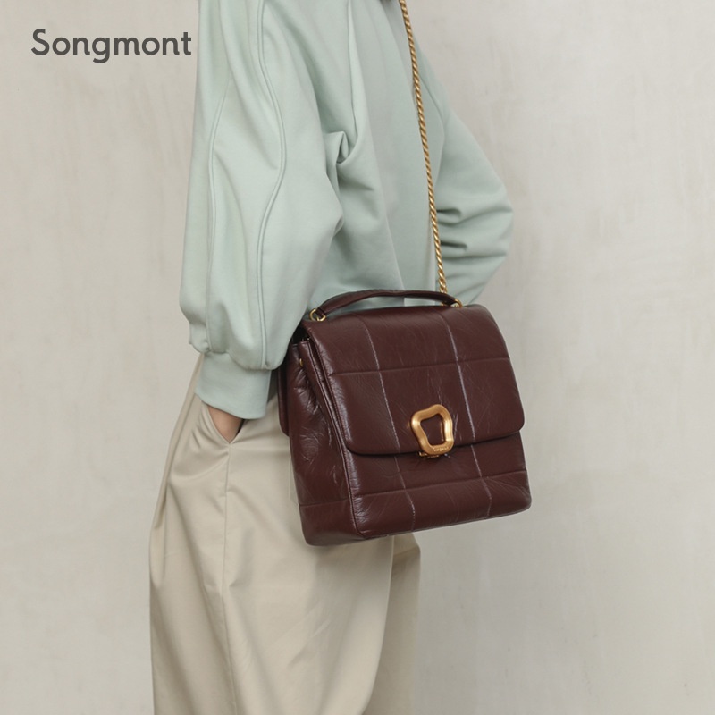 Songmont Túi Xách Da Bò Dáng Vuông Cỡ Vừa Phối Dây Xích Và Khóa Thiết Kế Phong Cách Mới777777-0524