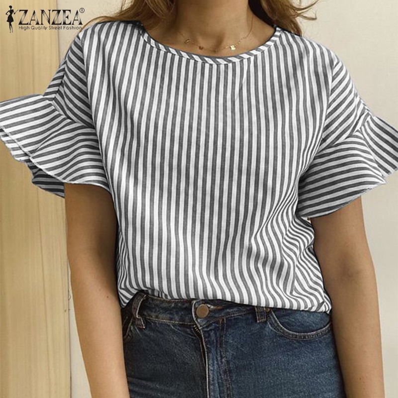Zanzea Áo Kiểu Cổ Tròn Hở Vai Viền Bèo Họa Tiết Kẻ Sọc Thời Trang Hàn Quốc Cho Nữ
