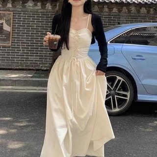 Phong cách Pháp khí chất dây đeo váy, nữ thiết kế dây đeo, thắt lưng, váy chữ A, váy dài mùa xuân.