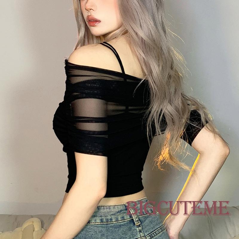 Set Áo Sát Nách Cổ Chữ V Màu Trơn + Áo Lưới Xuyên Thấu Thời Trang Nữ