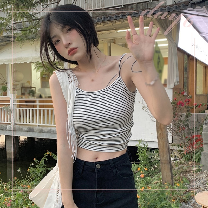 Áo Croptop Dệt Kim Sát Nách Hở Lưng Họa Tiết Kẻ Sọc Thời Trang Mùa Hè Phong Cách Hàn Quốc Cho Nữ