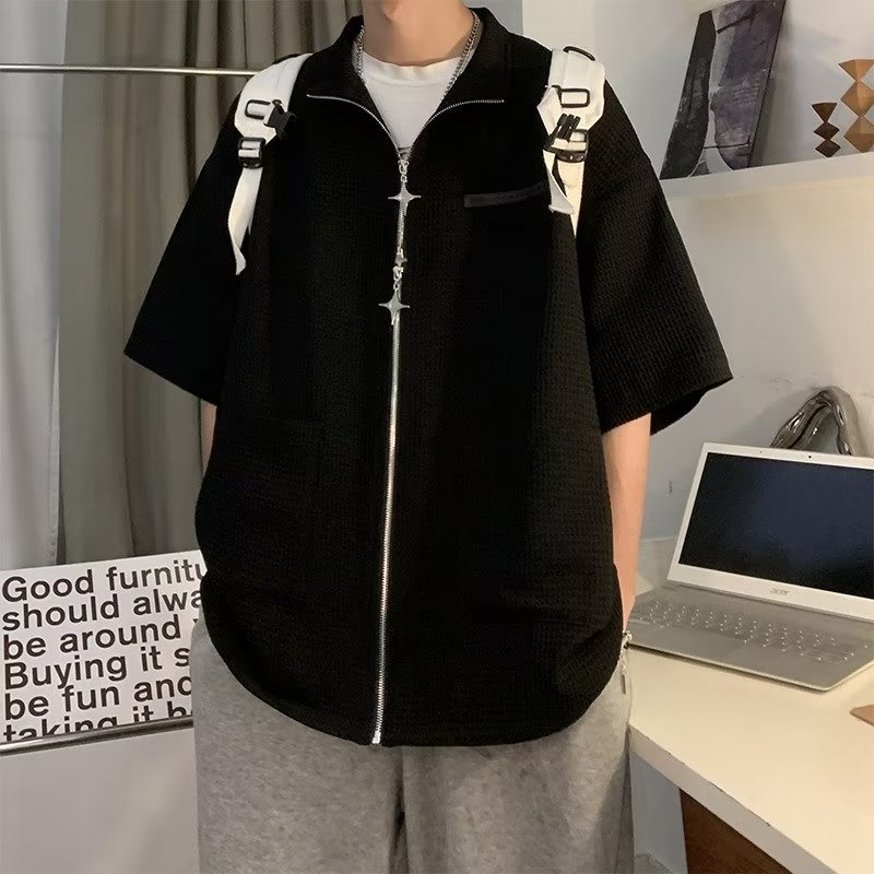 Áo Khoác Tay Ngắn Cổ Đứng Có Khóa Kéo Phong Cách Retro Mỹ Cá Tính Cho Nam Nữ