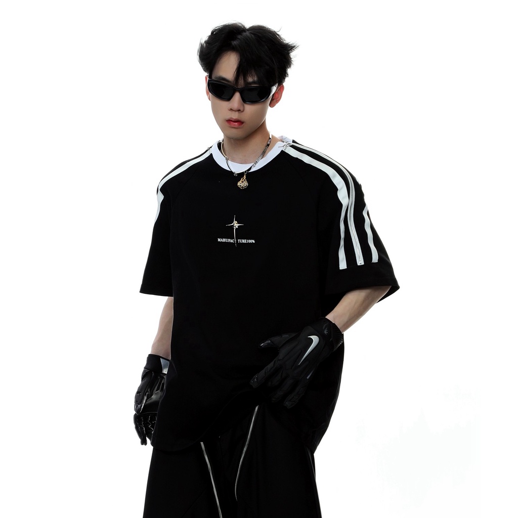 Áo Thun Tay Ngắn Dáng Rộng Phối Khóa Kéo Kim Loại Phong Cách Đường Phố Mỹ 2023 Cho Cặp Đôi