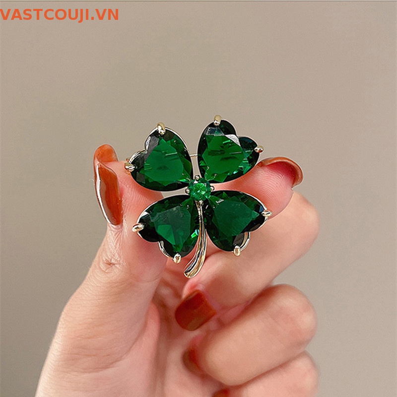 Ghim Cài Áo Hình Cỏ Bốn Lá May Mắn VASTJI Màu Ngọc Lục Bảo Kiểu Pháp Cổ Điển Cho Nữ
