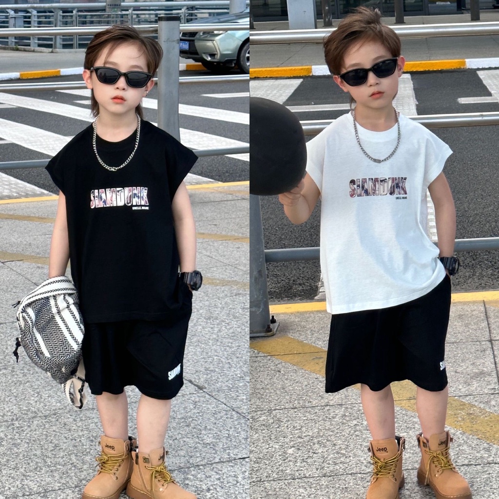 Set quần áo bé trai sát nách chữ SIAMDUNK SB165 sz 90-140, đồ bộ phông cotton mùa hè thời trang cho bé