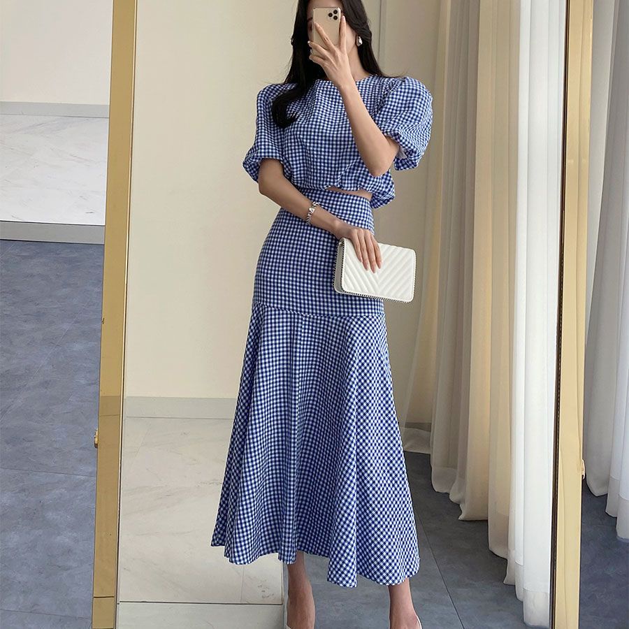 Bộ Áo Sơ Mi Tay Phồng Kẻ Sọc + Chân Váy Đuôi Cá Eo Cao Thời Trang Mùa Hè Hàn Quốc Cho Nữ