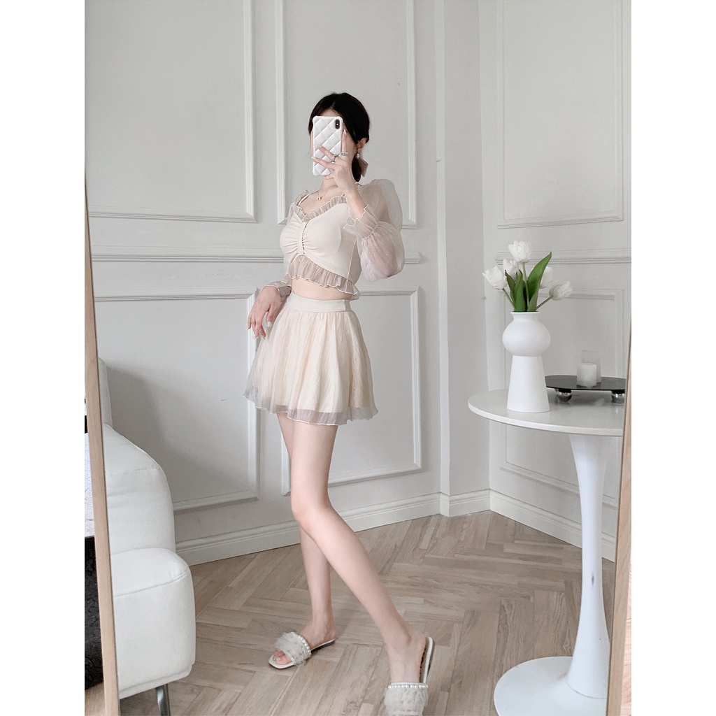 Bộ Đồ Bơi Hai Mảnh Áo Tay Dài Chống Nắng Và Quần Lưng Cao Ôm Dáng Dành Cho Nữ