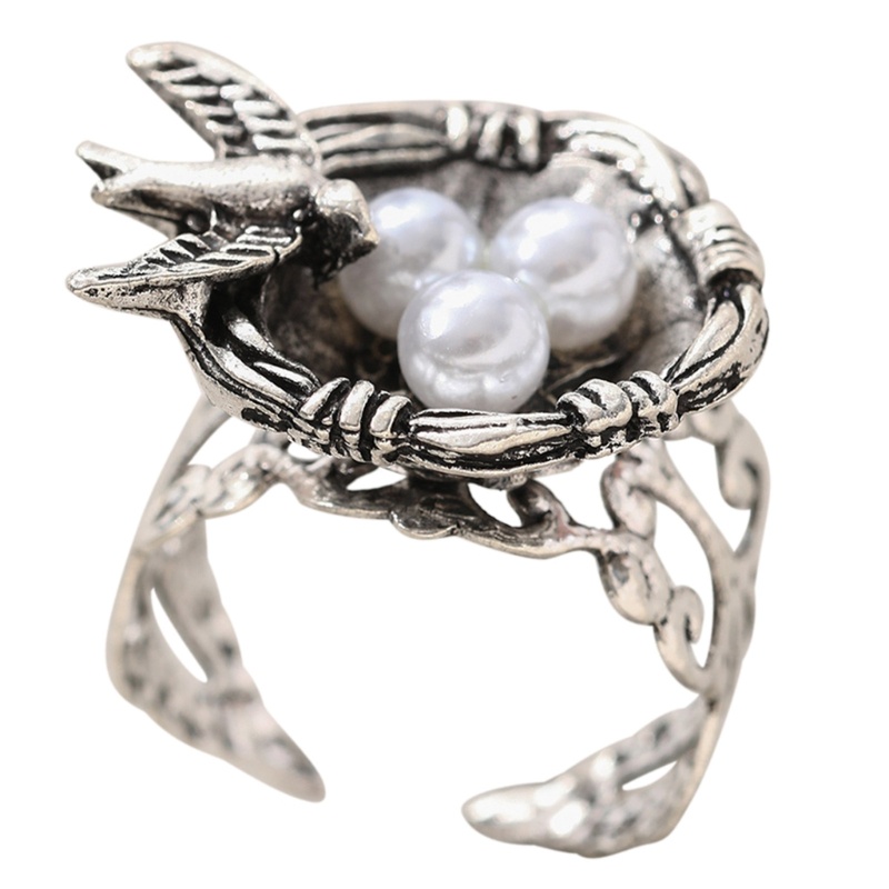 Nhẫn Hình Tổ Chim Bằng Kim Loại Đính Ngọc Trai Phong Cách Hip Hop Punk