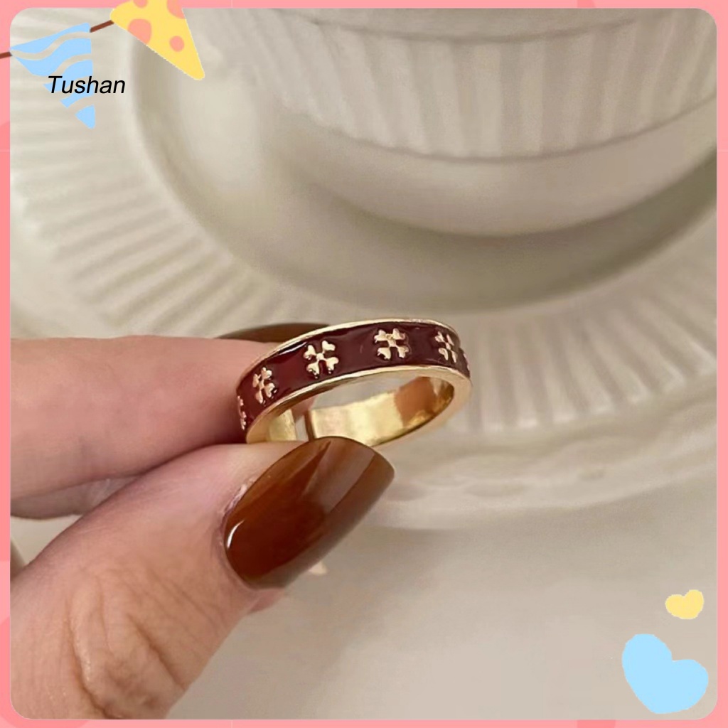 [Ts] Nhẫn Hở Hình Cỏ Bốn Lá Bằng Kim Loại Tráng Men Màu Đỏ Thanh Lịch Có Thể Điều Chỉnh Kích Thước Thời