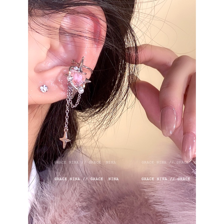 Bông Tai Dạng Kẹp Hình Trái Tim Phối Tua Rua Sang Trọng Cho Nữ