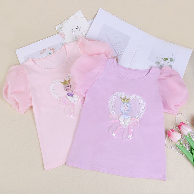 Áo Thun Cotton Cổ Tròn Tay Ngắn Phồng Thời Trang Mùa Hè Cho Bé Gái