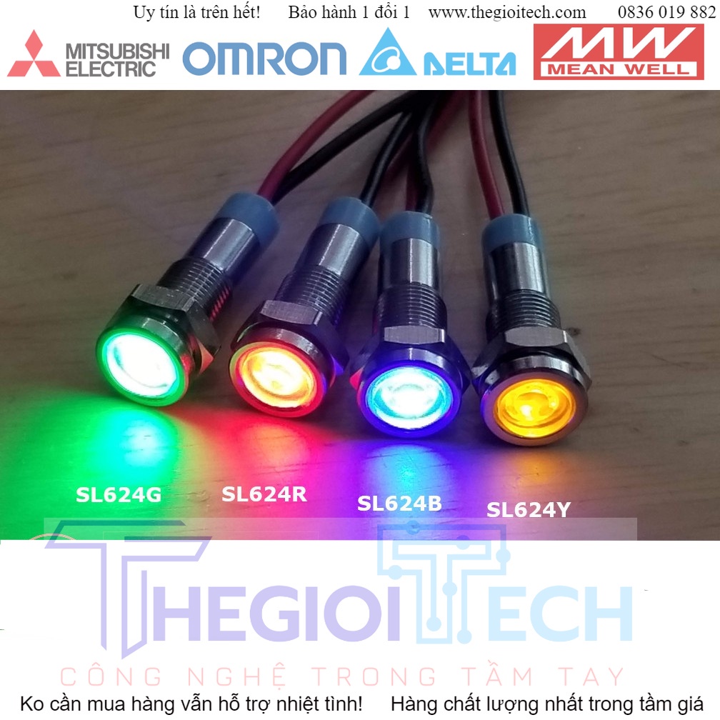 Đèn báo tín hiệu 12-24V, phi 6mm vỏ inox, màu xanh dương, xanh lá, đỏ và vàng - SL624x (x=R/G/B/Y) - Xanh lá