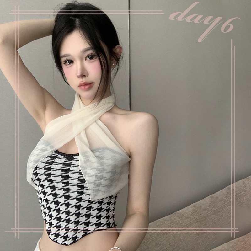 Áo Croptop Dệt Kim Phối Lưới Phong Cách Retro Cho Nữ