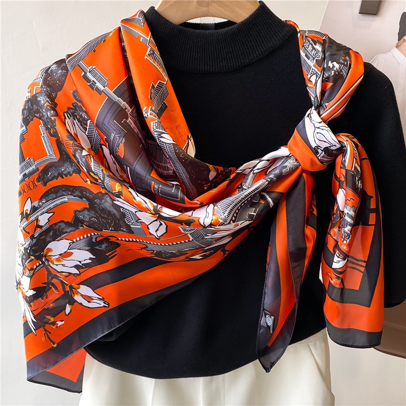 Khăn Choàng Vuông 110cm Vải Satin Họa Tiết Hoa Thời Trang Mùa Hè