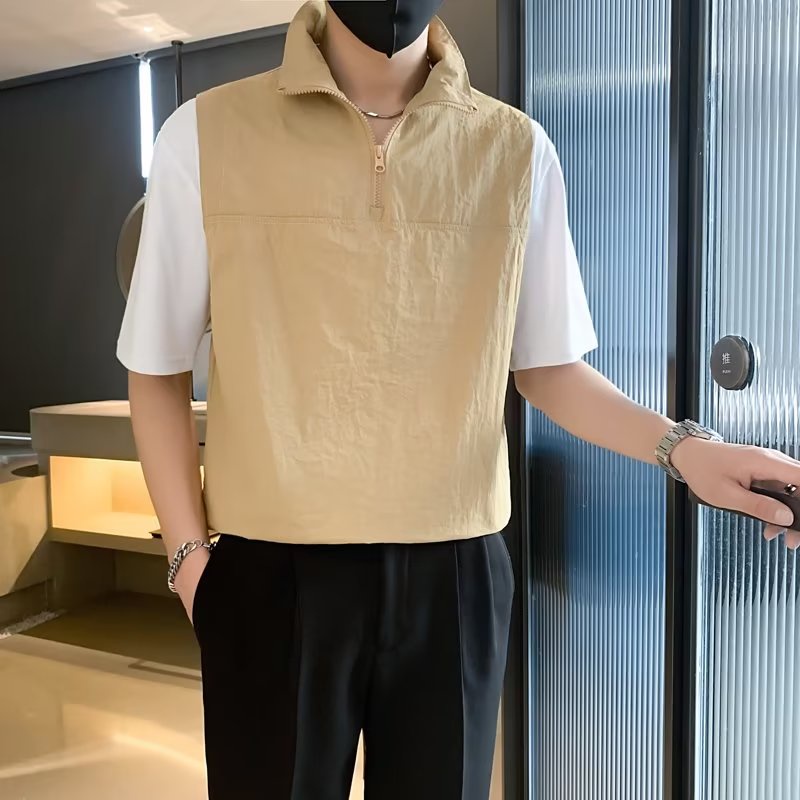 Áo Thun polo Mỏng Cổ Đứng Tay Áo Ghép Màu Tương Phản Cao Cấp Có Khóa Kéo Thời Trang Mùa Hè Dành Cho Bạn Nam