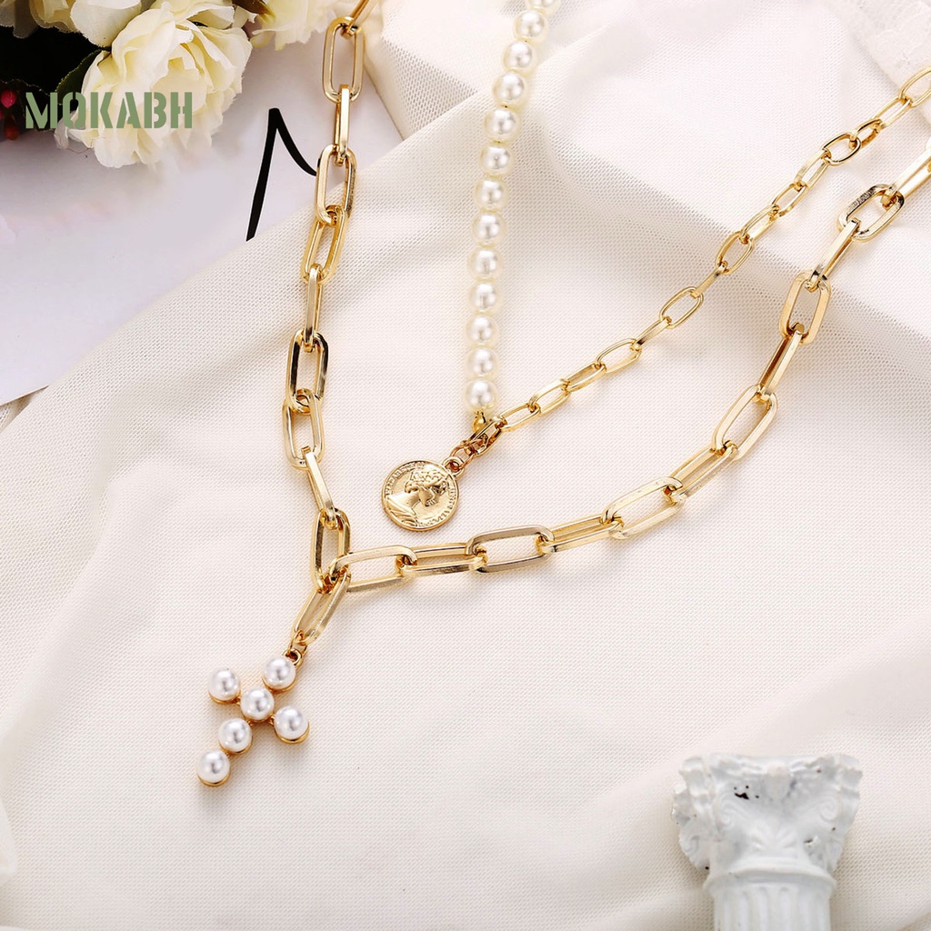 Vòng cổ Hai Lớp Đính Ngọc Trai Nhân Tạo Dây Hình Thánh Giá Có Thể Điều Chỉnh