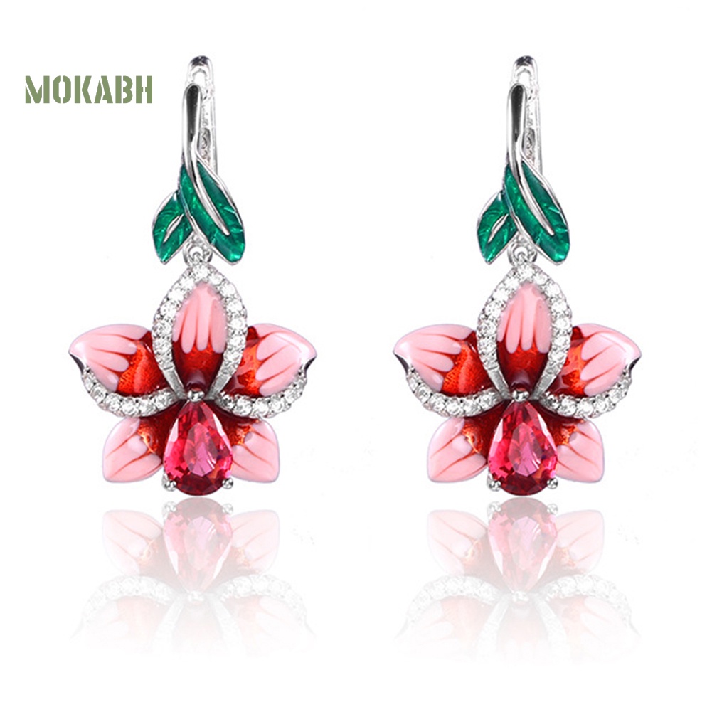 Bông Tai Hình Hoa Lá Tráng Men Đính Đá Thời Trang Cho Nữ