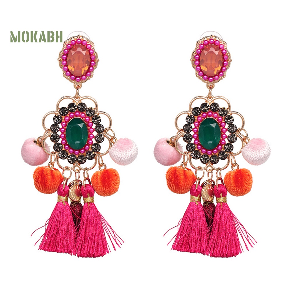 Bông Tai Hình Hoa Đính Đá Phối Tua Rua Thời Trang Cho Nữ