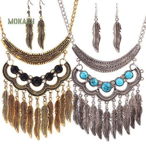 Bộ Trang Sức Gồm Dây Chuyền / Bông Tai / Vòng Cổ Hình Chiếc Lá Phối Tua Rua Phong Cách Vintage Cho Nữ