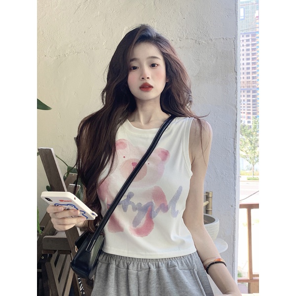 Nzn Áo Crop top Không Tay Dáng Ôm In Hoạt Hình Thời Trang Hàn Quốc Dành Cho Bạn Nữ