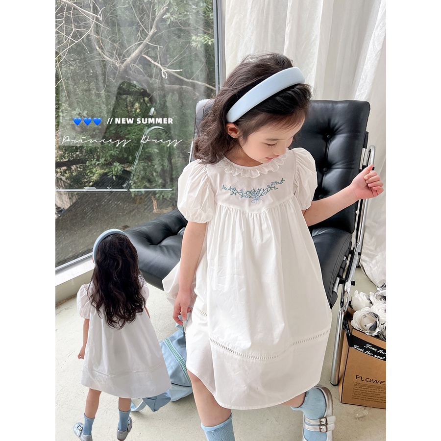 Đầm Công Chúa Tay Ngắn Màu Trắng Thêu Họa Tiết Dễ Thương Phong Cách Hàn Quốc Thời Trang Mùa Hè Cho Bé Gái