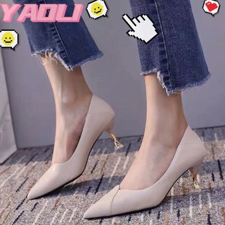 YAOLI  Giày Cao Gót Da Mềm Mũi Nhọn Phong Cách Pháp