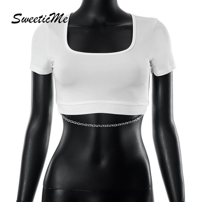 Áo Croptop Tay Ngắn Cổ Chữ U Màu Trơn Phối Dây Xích Thời Trang 2023 Cho Nữ