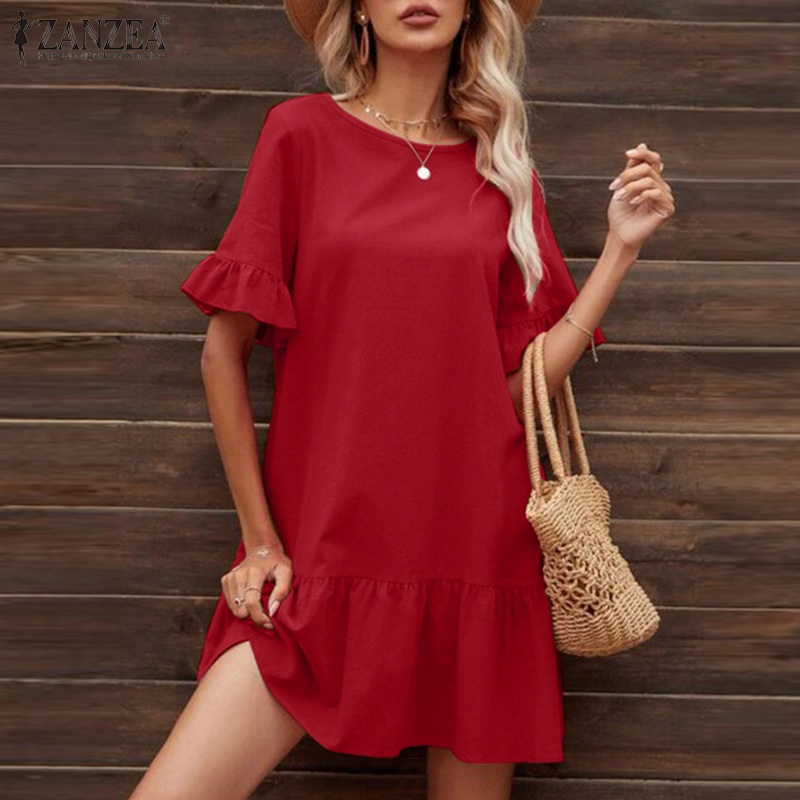 Đầm ZANZEA tay loe cổ tròn viền bèo phong cách vintage nữ tính