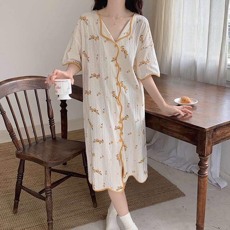 Đầm Ngủ Cotton Dáng Rộng Họa Tiết Hoa Thời Trang Mùa Hè Cho Nữ