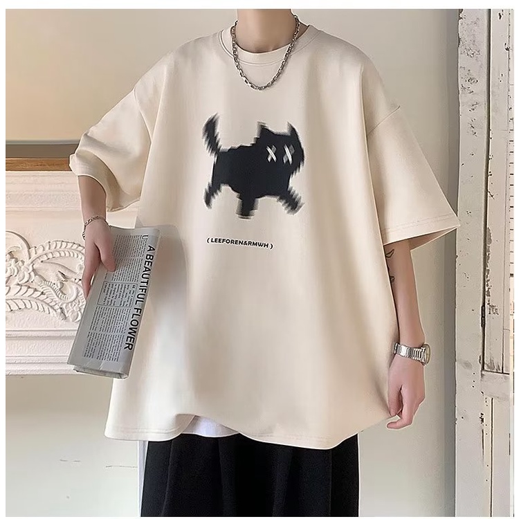 Áo Thun Tay Lỡ Chất Liệu Cotton Nguyên Chất In Họa Tiết Chú Mèo Phong Cách Retro Thời Trang Mùa Hè Cho Nam 320g
