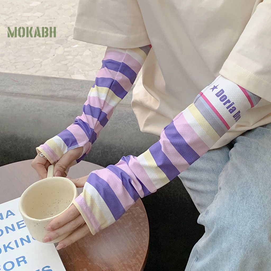 1 Cặp Găng Tay Chống Nắng Bằng Lụa Lạnh Độ Co Giãn Cao Họa Tiết Kẻ Sọc