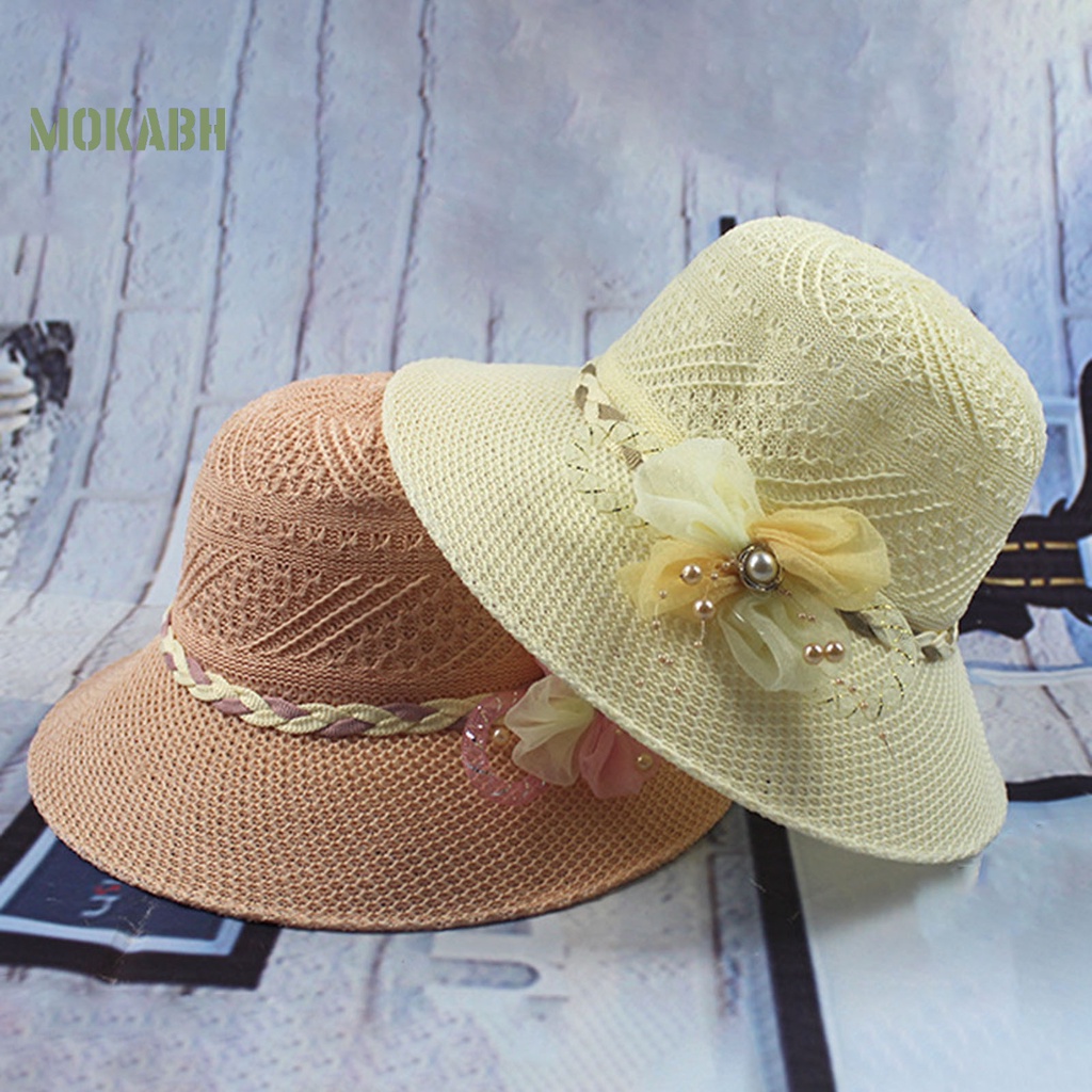 [Mok Abh] Mũ Tai Bèo Vành Rộng Chống Tia UV Có Dây Thắt Nơ Đính Hoa Giả Bằng Vải Bện Dành Cho Nữ Đi Biển