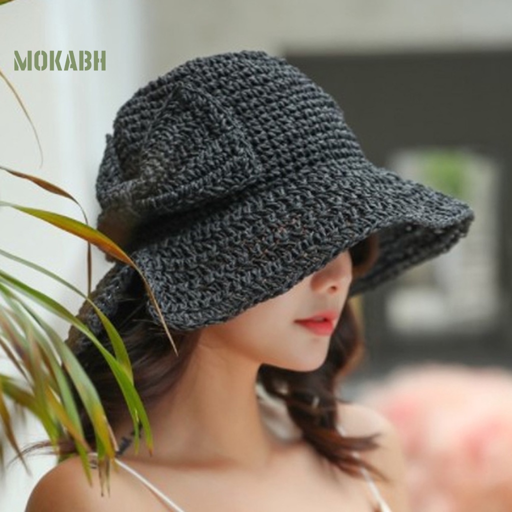 [Mok Abh] Mũ Rơm Thắt Nơ Màu Trơn Thoáng Khí Gấp Gọn Được Trang Trí Chống Nắng Mùa Hè Có Thể Giặt Rửa Cho Nữ