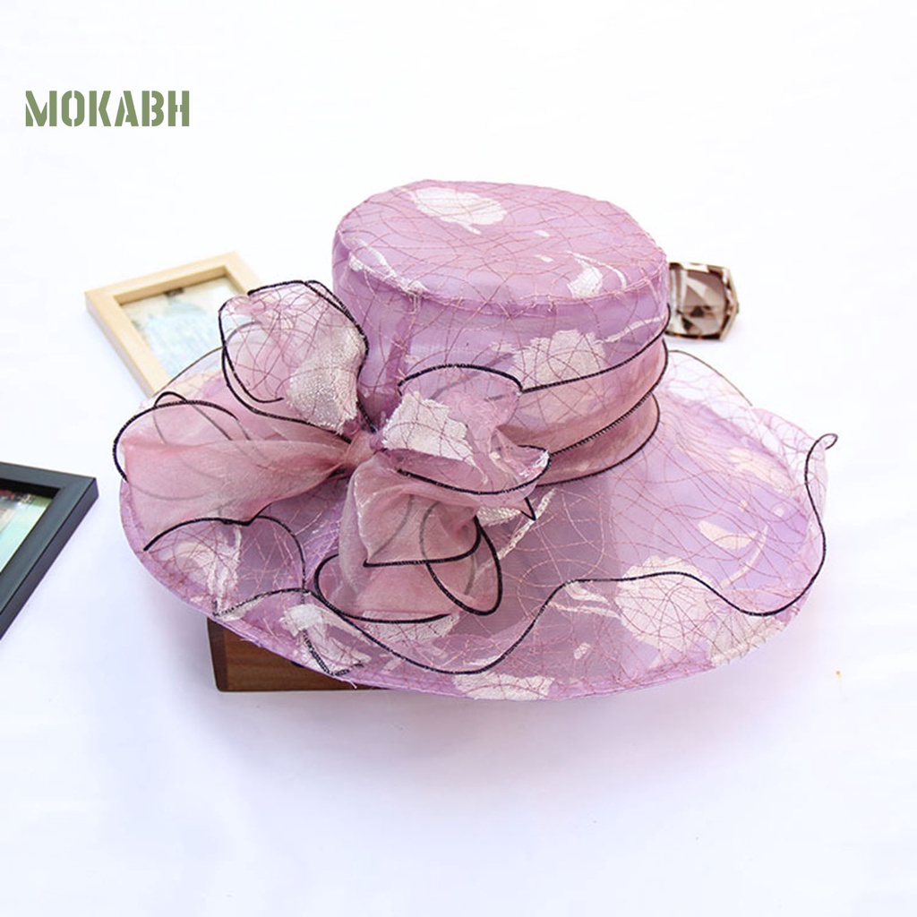 [Mok Abh] Mũ Rộng Vành Vải Hoa Nhìn Xuyên Thấu Viền Gợn Sóng Sang Trọng Thắt Nơ Sang Trọng Cho Nữ Đi Biển