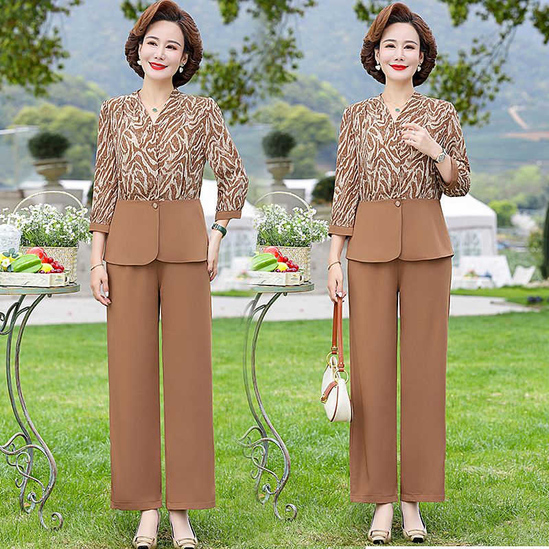 Bộ Áo Thun Tay Lửng Phối Voan + Quần Dài Thời Trang Mùa Hè Cho Phụ Nữ Trung Niên