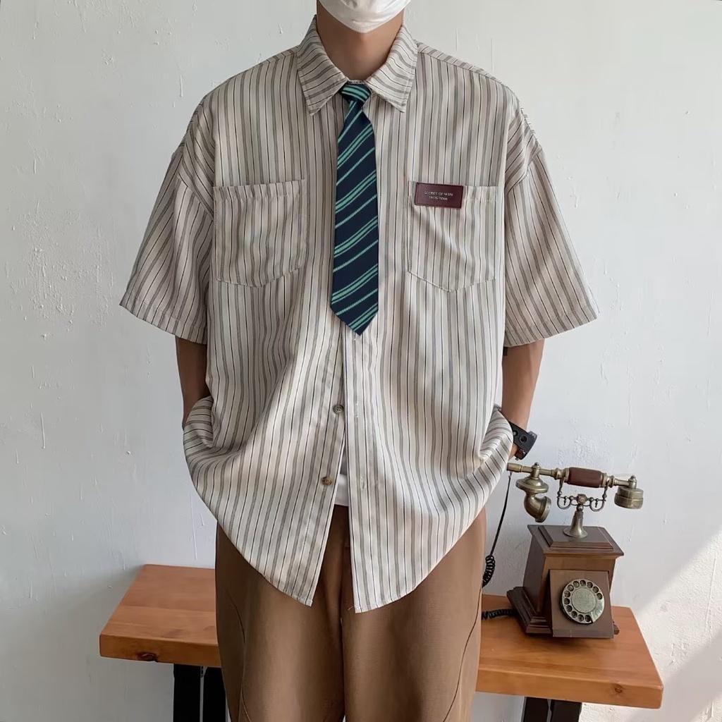 Áo Sơ Mi Tay Lửng Dáng Rộng Họa Tiết Kẻ Sọc Thời Trang Mùa Hè Cho Cặp Đôi