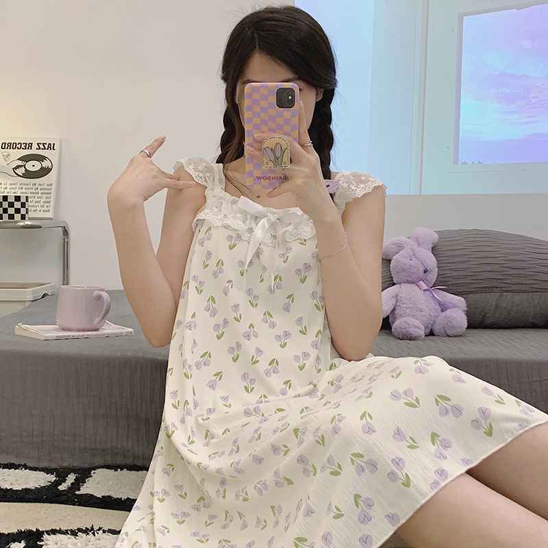 Đầm Ngủ Cotton Dệt Kim Phối Ren Có Đệm Ngực Phong Cách Công Chúa Ngọt Ngào Thời Trang Mùa Hè Kiểu Mới Dành Cho Nữ