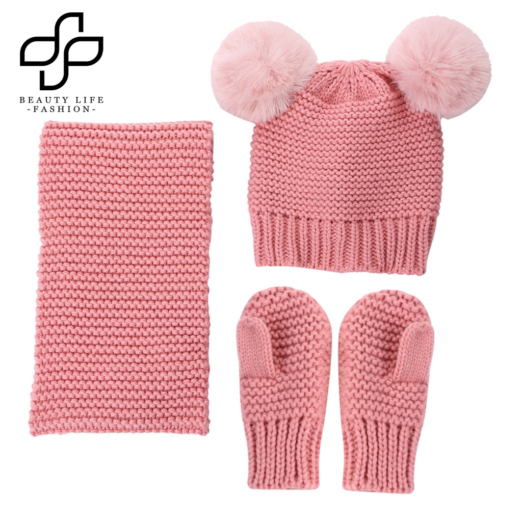 Bộ Nón + Găng Tay Dệt Kim Ấm Áp Màu Trơn Thời Trang Thu Đông Cho Bé
