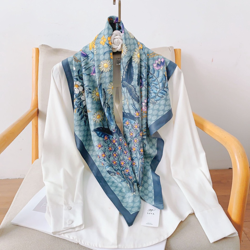 Khăn Quàng Cổ Lụa Hình Vuông Cỡ Lớn 90 * 90cm Chống Nắng Mùa Hè Dễ Phối Đồ In Họa Tiết Hoa Cho Nữ