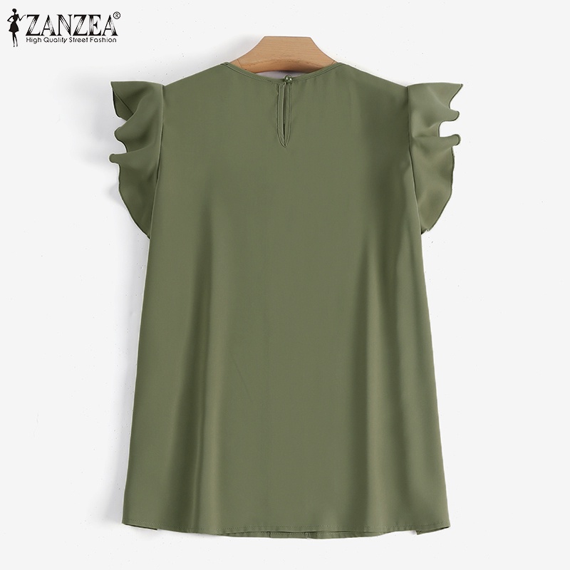 Zanzea Áo Nữ Cộc Tay Nhún Bèo Cổ Tròn Thời Trang