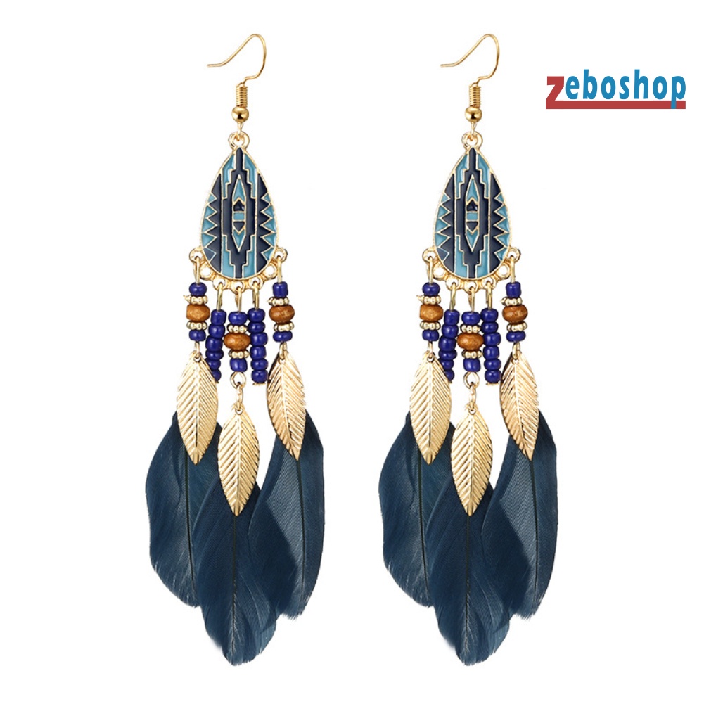 Khuyên Tai Dáng Dài Gắn Lông Vũ Phong Cách Dân Tộc Thời Trang Cho Nữ