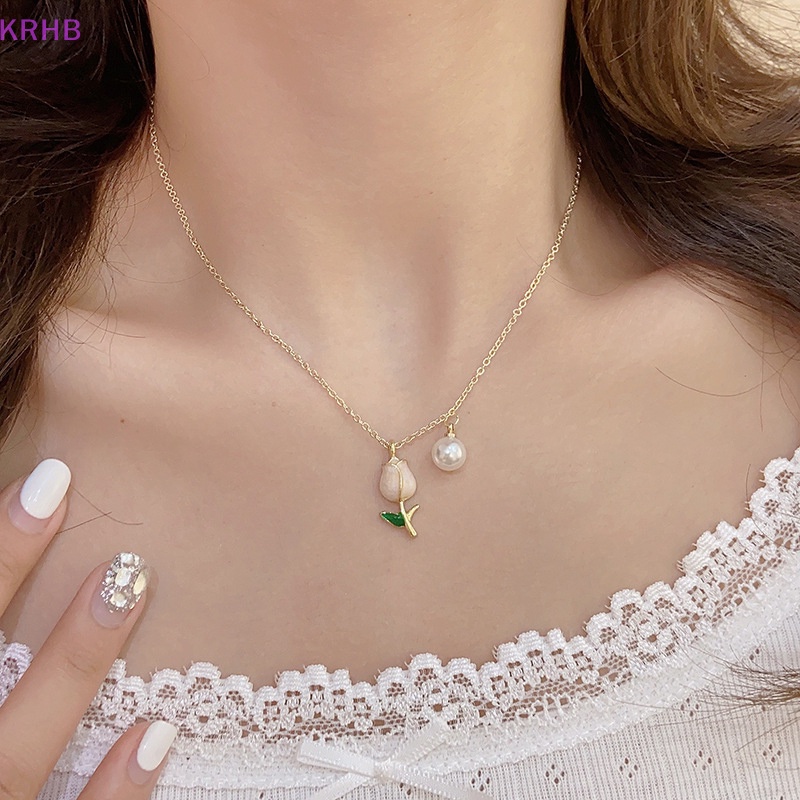 Vòng cổ Mặt Hoa Tulip Đính Ngọc Trai Đơn Giản Phong Cách Âu Mỹ Mới