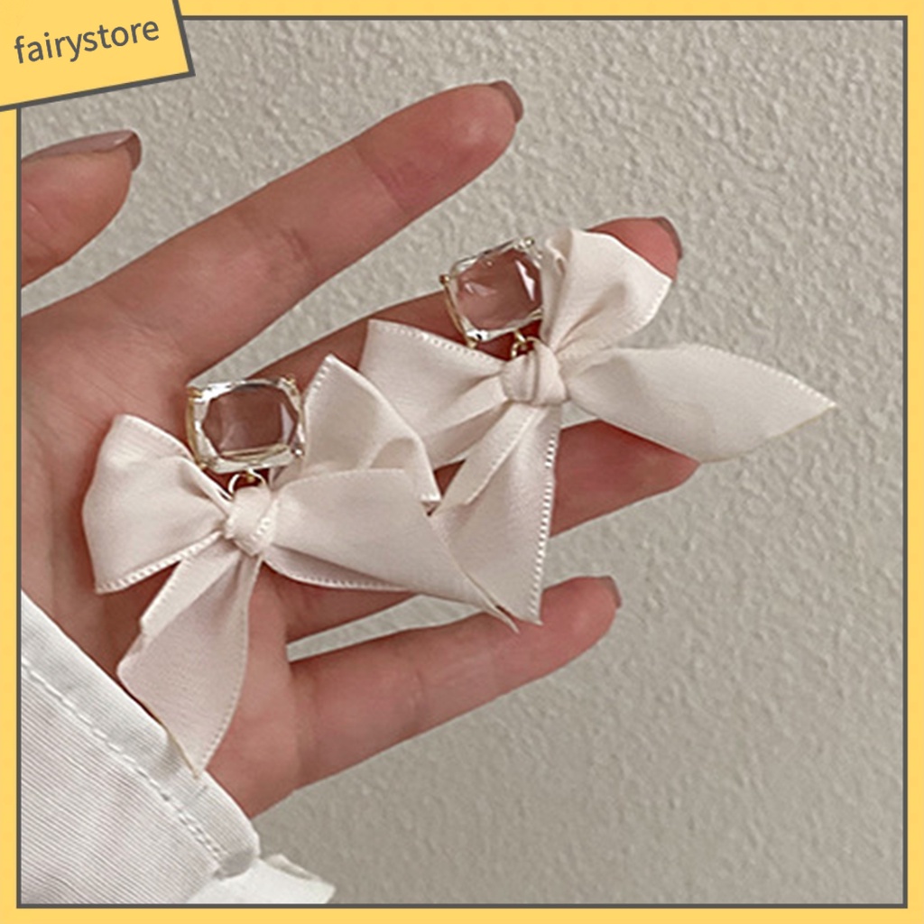 1 Đôi Bông Tai Dài Hình Nơ Bằng Vải Đính Đá Ngọt Ngào Dành Cho Nữ