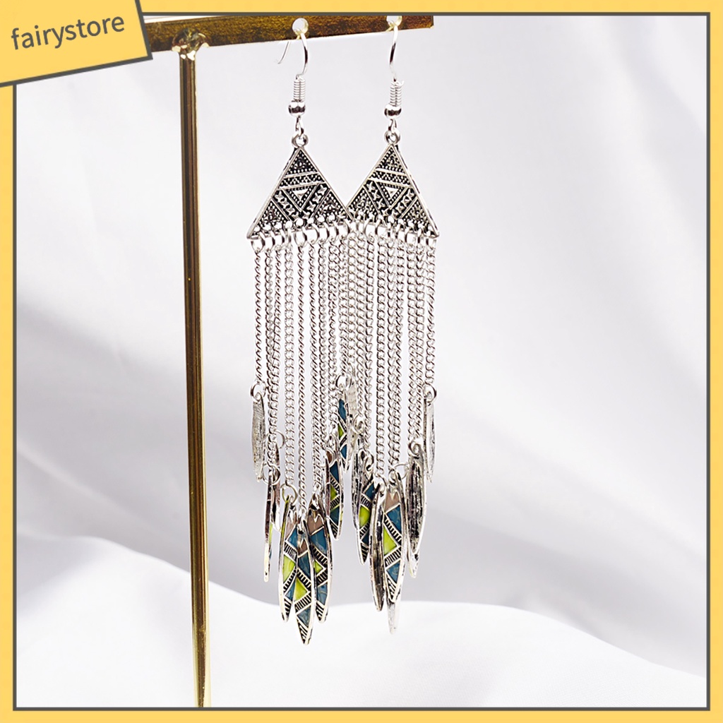 1 Đôi Bông Tai Dáng Dài Mặt Tam Giác Phối Tua Rua Phong Cách Vintage