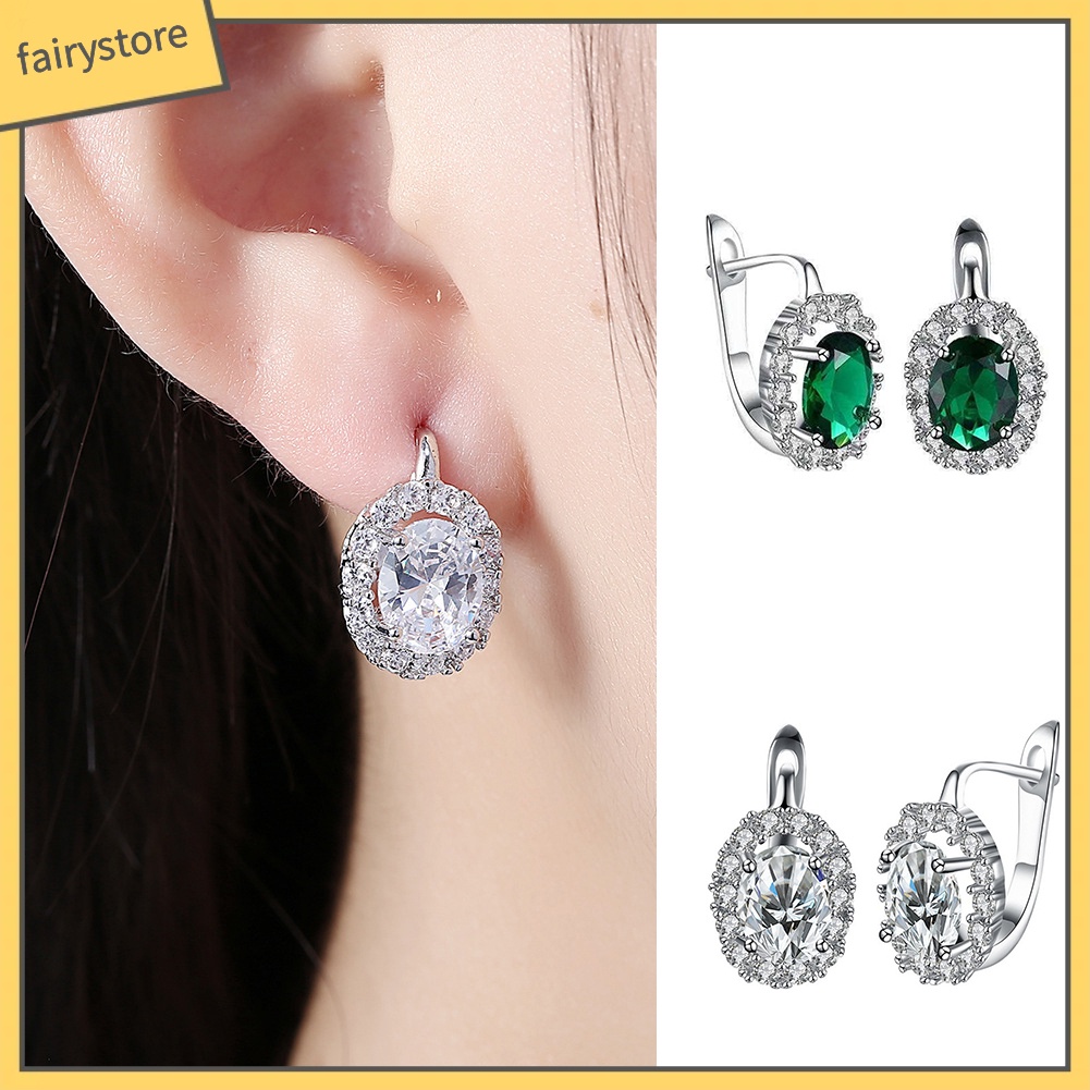 Bông Tai Hình Oval Đính Đá Zircon Sang Trọng Cho Nữ