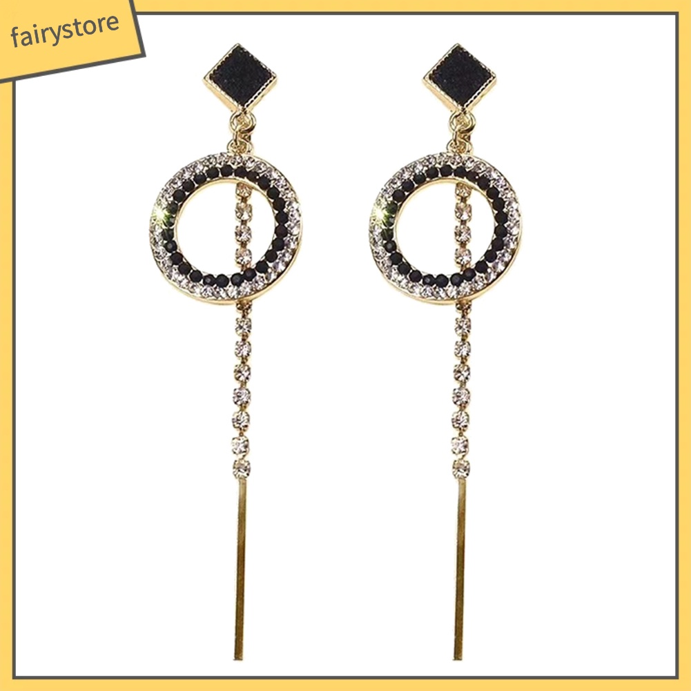 Bông Tai Dáng Dài Hình Tròn Rỗng Đính Đá Thời Trang